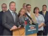 L-R Lee McLeod, Regional director CUPE;
Kevin Rebeck, MFL President; Michelle Gawronsky, MGEU president; Bob Moroz, MAHCP president; Paul McKie, Manitoba/Saskatchewan Area Director, Unifor; Marianne Hluden, Prairies Region Executive Vice-President, PSAC; Norm Gould, Manitoba Teachers Society President